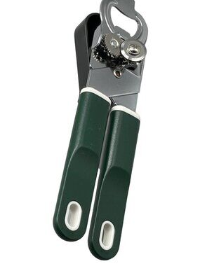 Metal hand crank can opener and bottle opener green and white plastic new READ